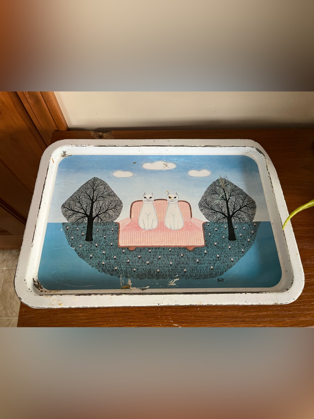 White Cat Illustration Serving Tray with Blue and Pink Accents